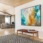 Teal - Gold - Orange Abstract Painting for Coastal Art Galleries YHT382