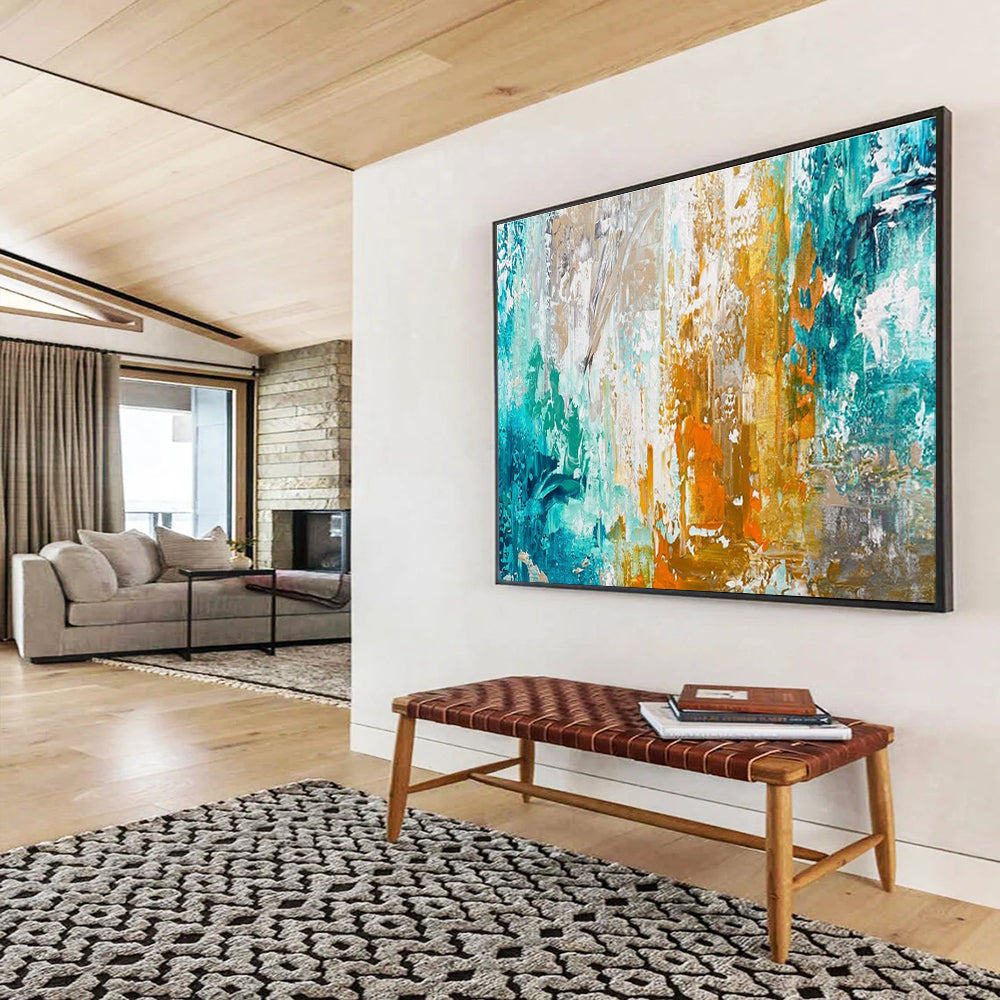 Teal - Gold - Orange Abstract Painting for Coastal Art Galleries YHT382