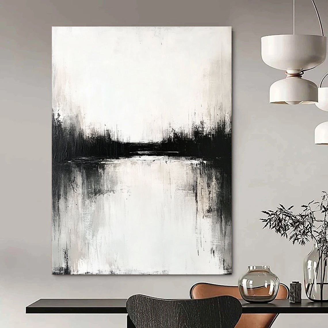 Dramatic Black and White Lakescape Abstract Painting GAB0677