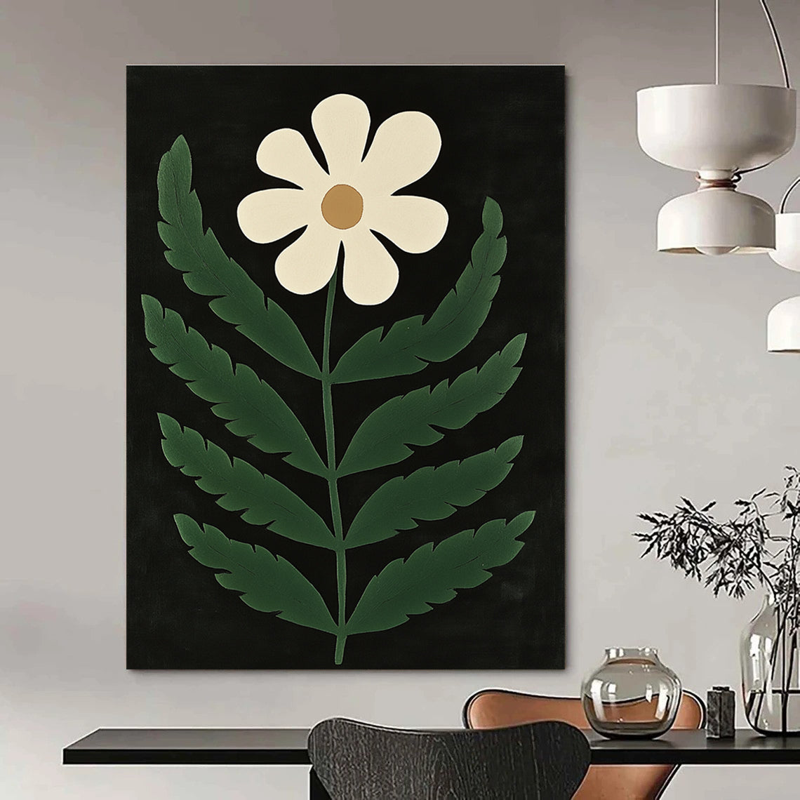 White Flower Minimalist Abstract Painting for Scandinavian - Style Bedrooms GAB1337
