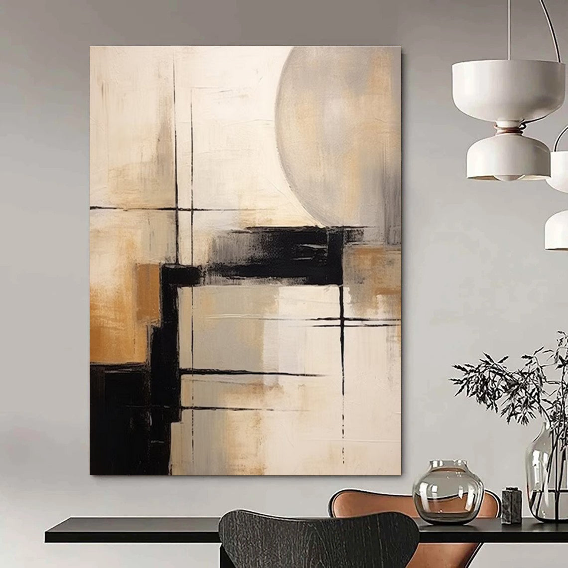 Geometric Abstract in Neutral Tones Abstract Painting for Sophisticated Dining Areas HENG356