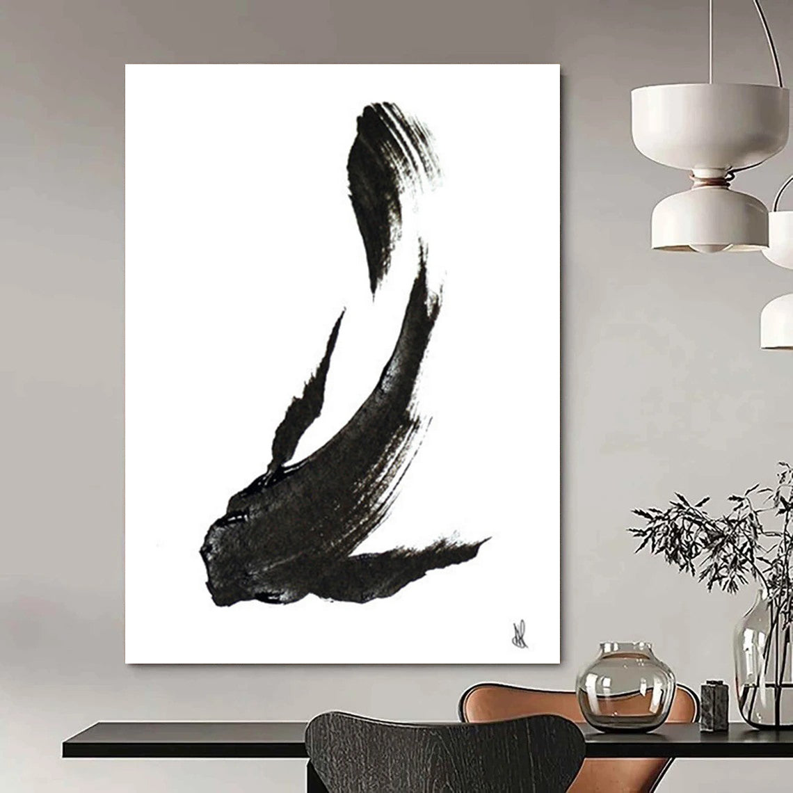 Minimalist Black Ink Fish Painting for Zen - Inspired Home Offices HENG181