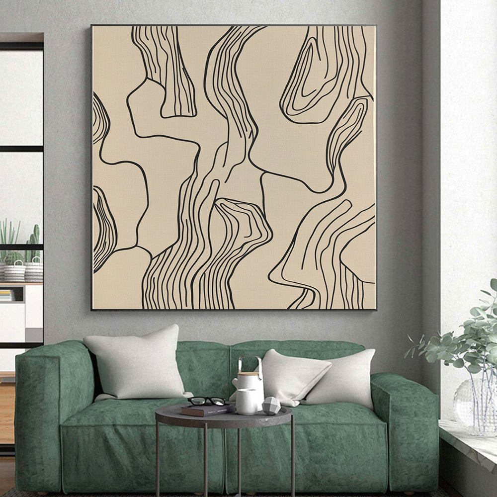 Black Line Abstract on Beige Abstract Painting with Minimalist Grace WINK268