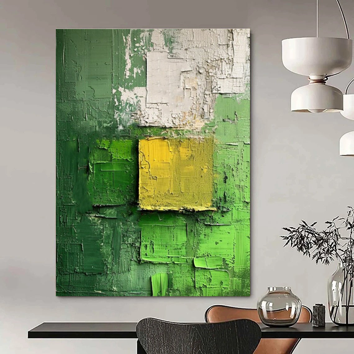 Green and Yellow Textured Abstract Painting for Eco - Friendly Retail Spaces HENG029