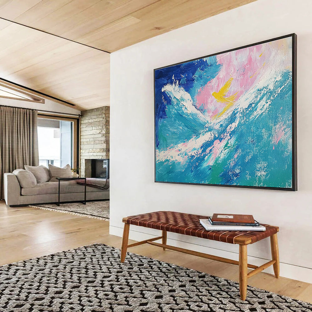 Yellow Bird over Waves Abstract Painting with Dreamy, Symbolic Elements ABS522