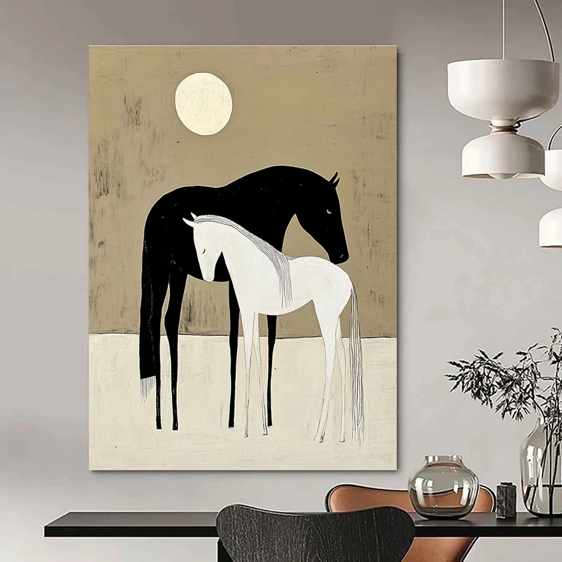 Serene Black and White Horses Under Moon Abstract Painting GAB0034
