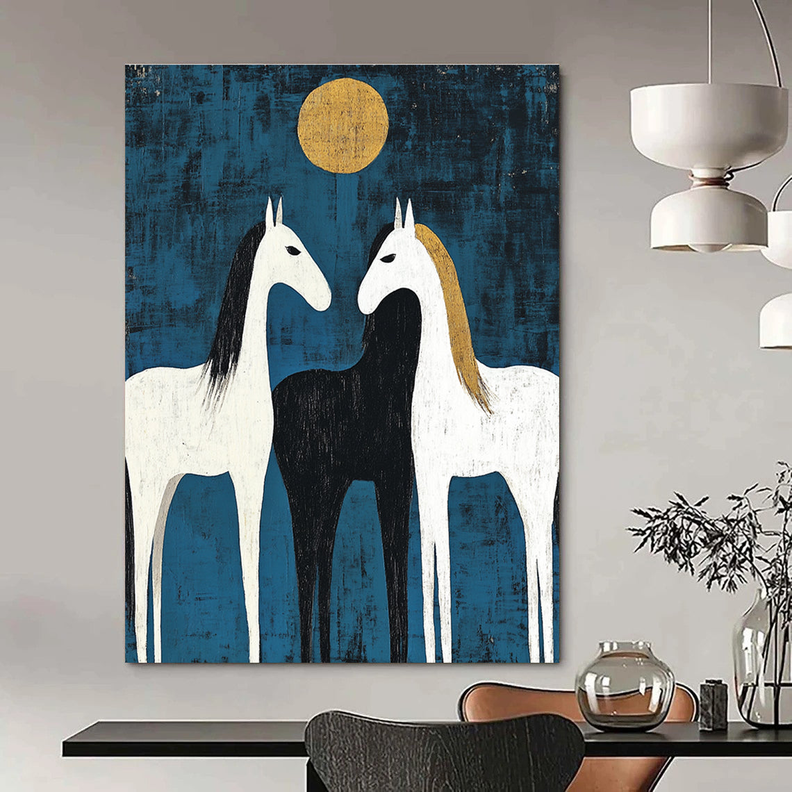 Two Horses Under Golden Moon - Symbolic Equine Abstract Art GAB0512