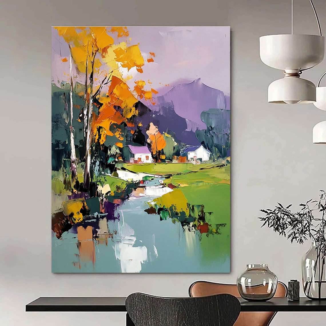 Colorful Village Landscape Abstract Painting for Bohemian - Style Country Homes GAB1347