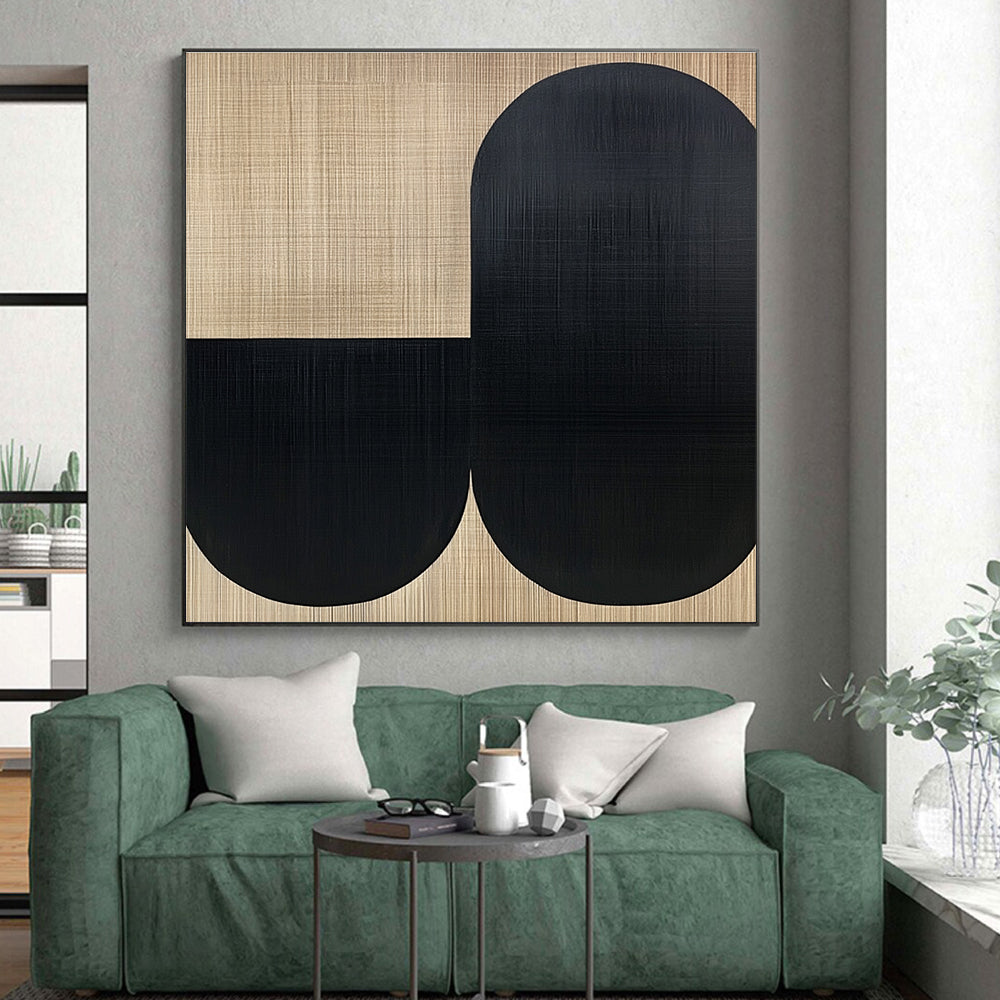 Beige and Black Abstract Painting with Minimalist Forms WINK838