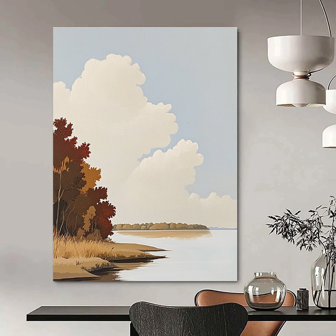 Serene Lake and Clouds Abstract Painting of Calm Nature GAB0155
