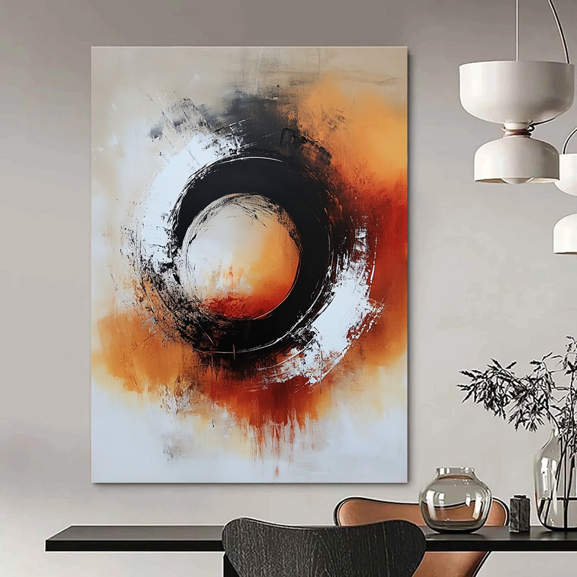 Black and Orange Circular Abstract Painting for Modern - Edgy Home Theaters GAB0935