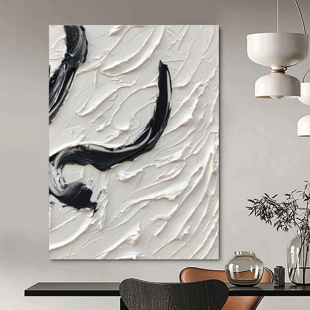 Black - White Textured Swirl Abstract Painting for Modern Living Spaces HENG400