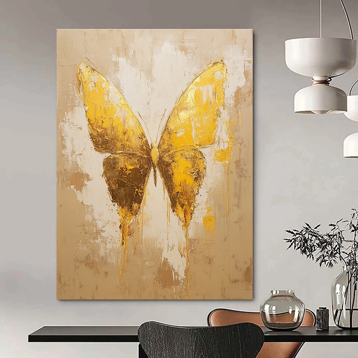 Golden Textured Butterfly Abstract Painting of Opulent Transformation GAB0163