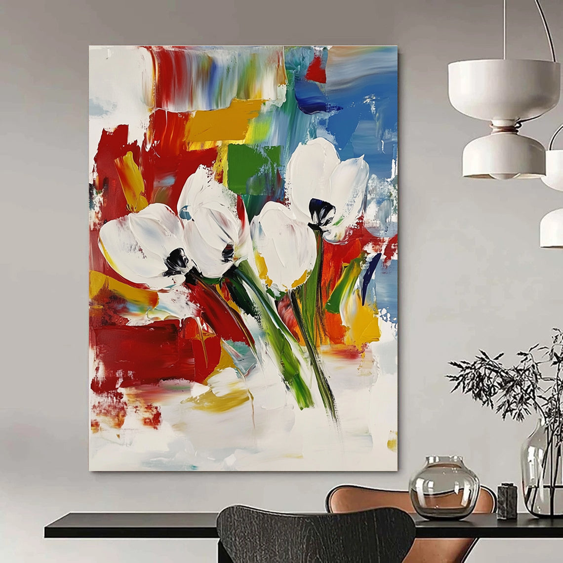 White Blooms on Color Abstract Painting for Modern Bridal Suites GAB0763