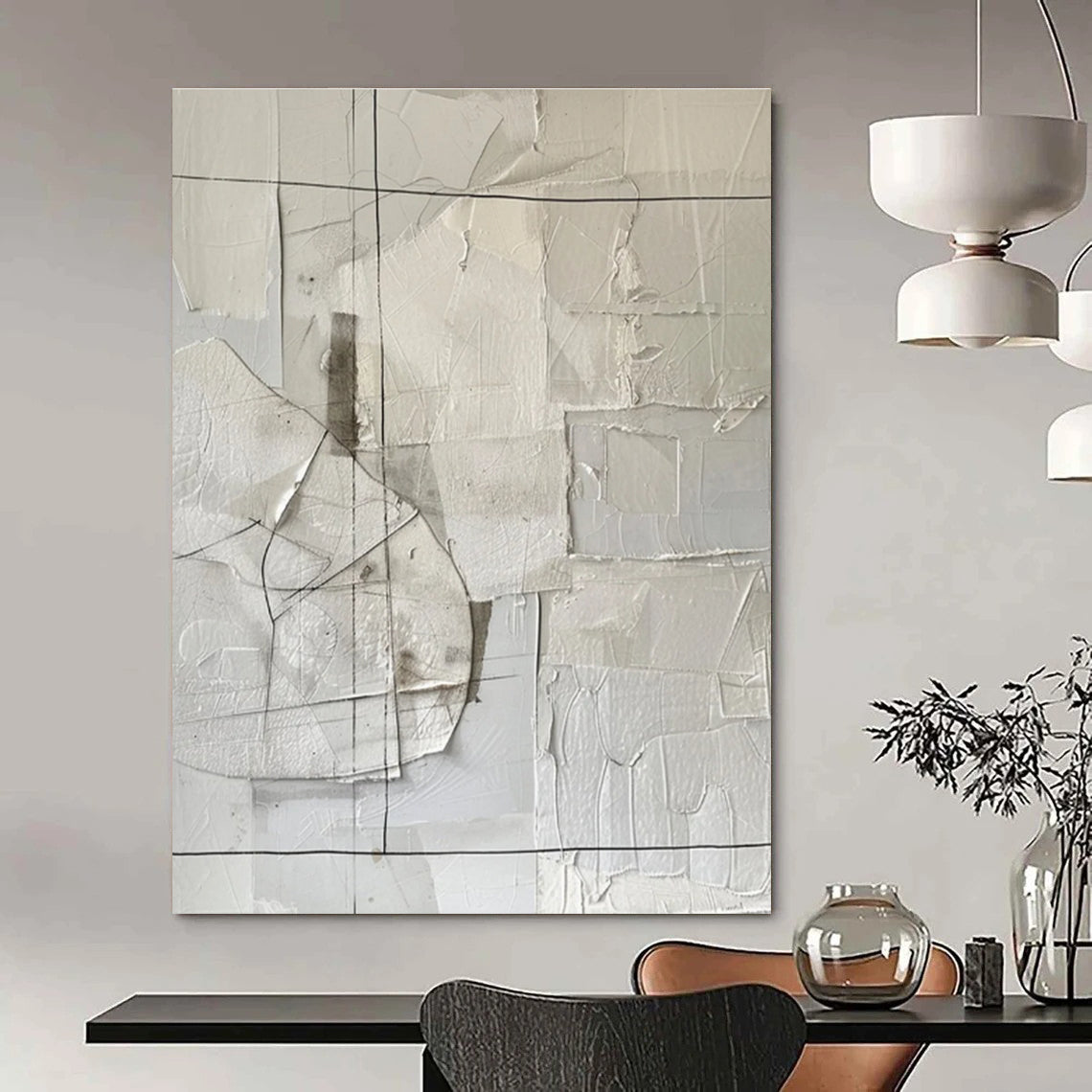 White Collage Abstract Painting for Modern Art Museum Installations HENG017