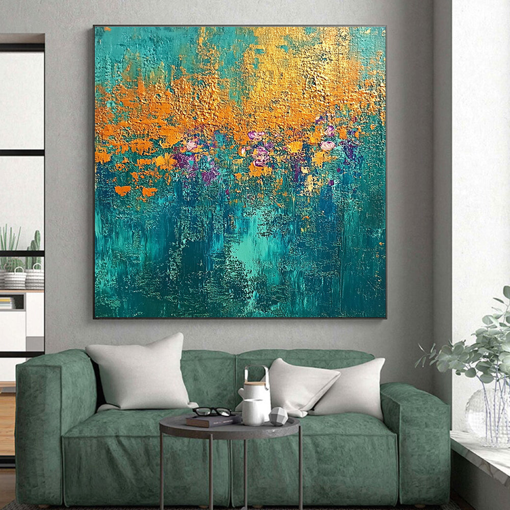 Teal and Gold Floral Abstract Painting with Enchanted Blooms WINK288