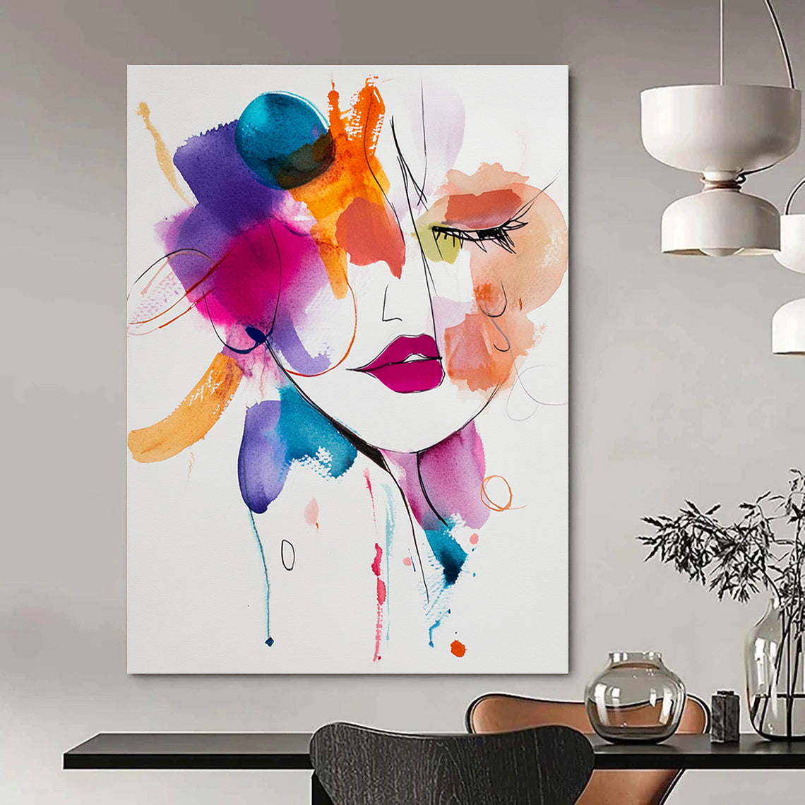 Watercolor Woman with Color Splashes Vibrant Abstract Portrait GAB0349