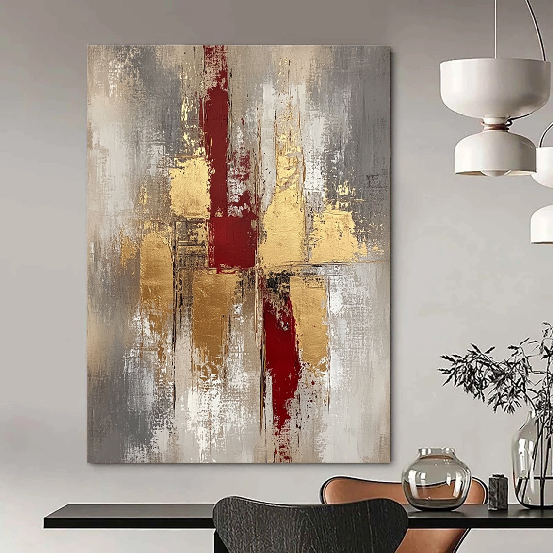 Red and Gold Textured Abstract Painting for Luxury Dining Rooms GAB0881