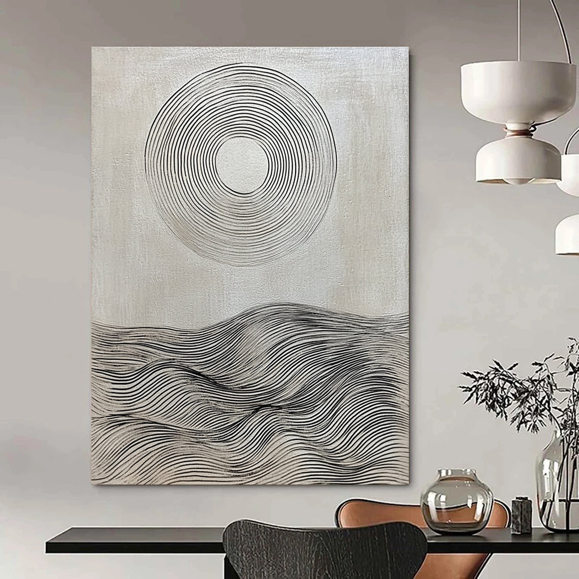Black and White Wave Circle Painting of Minimalist Serenity GAB0164
