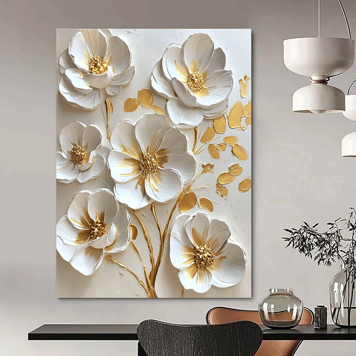 3D White and Gold Flowers Opulent Abstract Painting for Lavish Interiors GAB1529