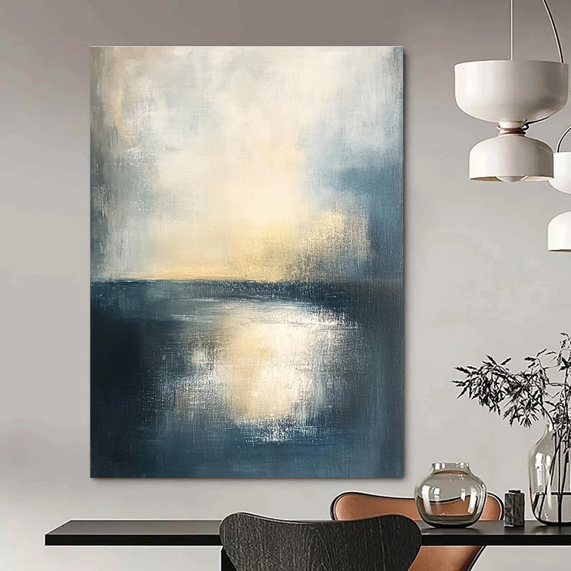 Serene Blue - Gold Sea Abstract Painting: Coastal Sunset Tranquility GAB0957