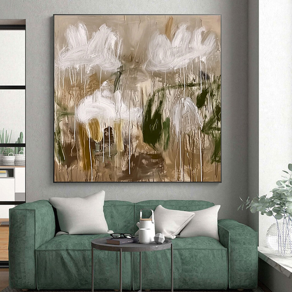 Abstract White Flowers Painting with Dripping Elegance WINK623