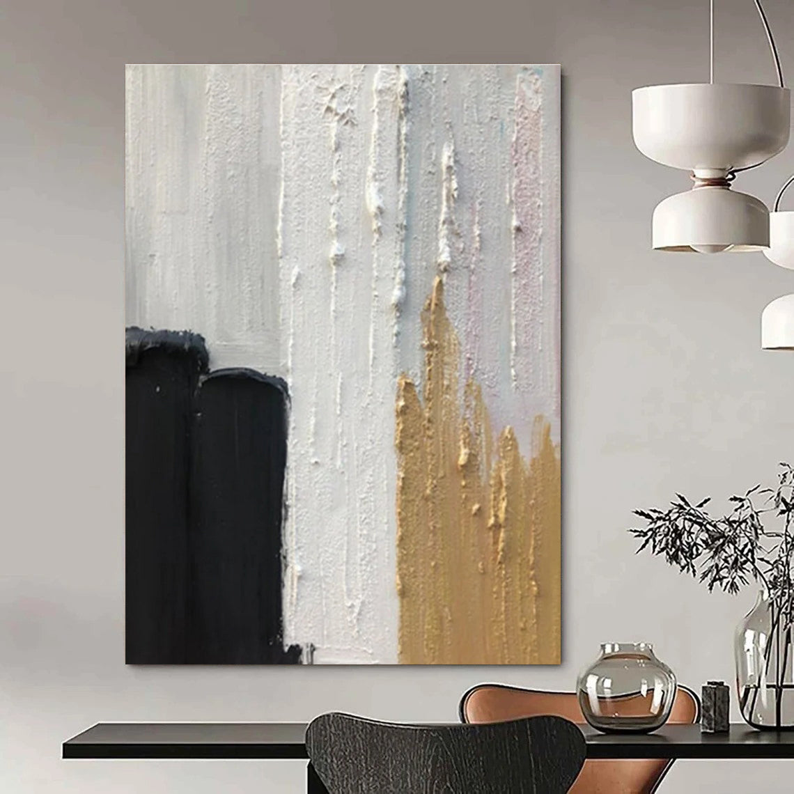Black - White - Gold Minimalist Abstract Painting for Luxury Studies HENG397
