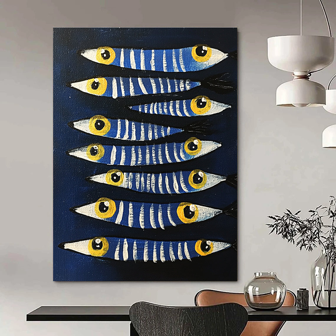 Blue Striped Fish Whimsical Marine Abstract Painting GAB0331