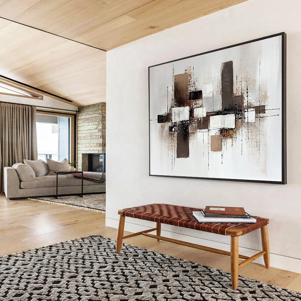 Brown and White Geometric Abstract with Textured Splatters Abstract Painting ABS372
