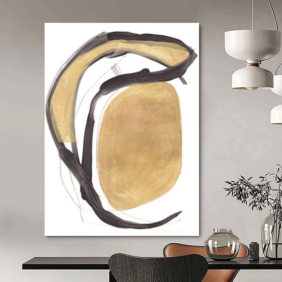 Luxe Gold - Black Abstract Forms Art for Opulent Entrances HENG223
