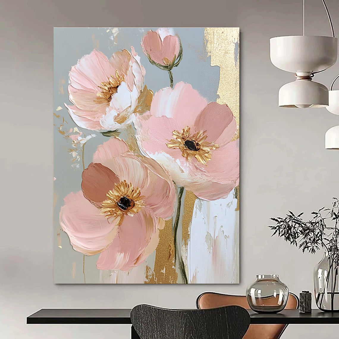 Pink Flowers with Gold Accents Elegant Abstract Painting for Sophisticated Interiors GAB1421
