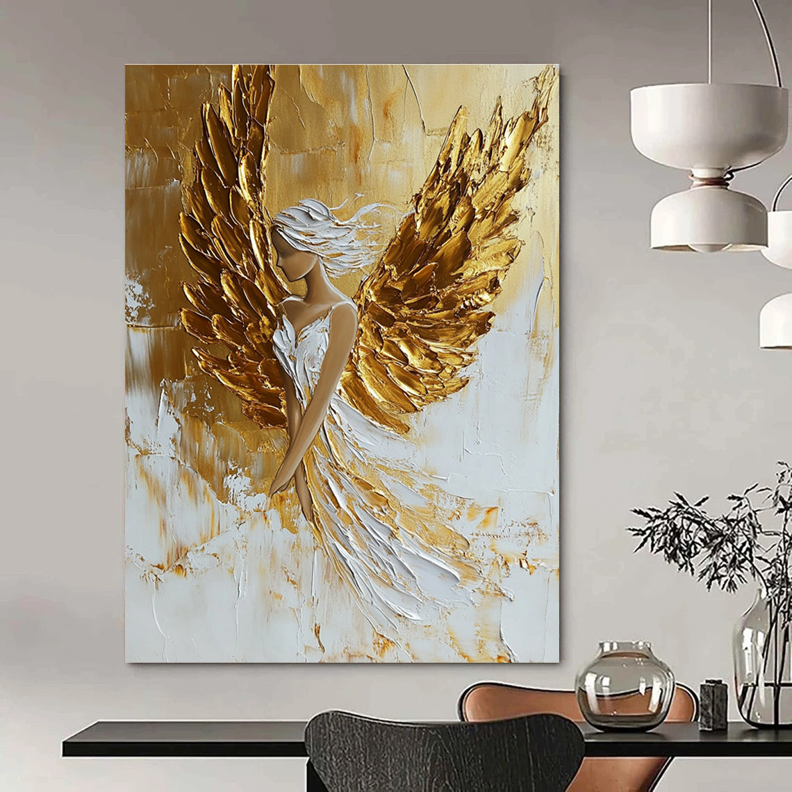 Golden Winged Female Form - Empowering Figurative Abstract Art GAB0435