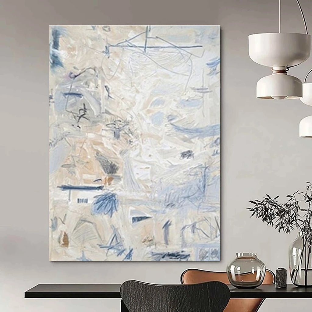 Light - Toned Abstract with Blue Marks Painting for Coastal - Inspired Bedrooms HENG144