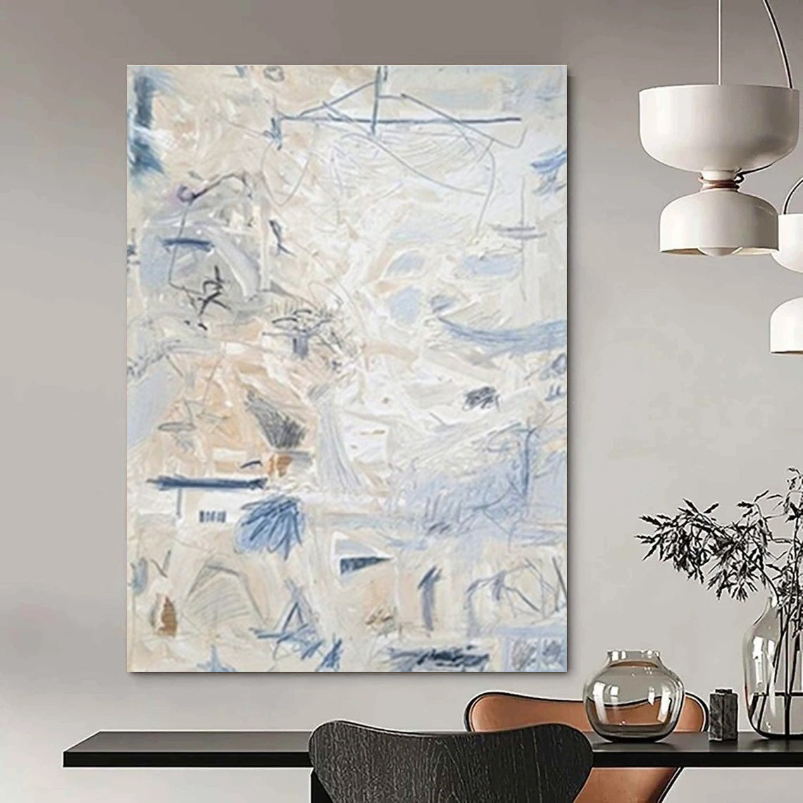 Light - Toned Abstract with Blue Marks Painting for Coastal - Inspired Bedrooms HENG144