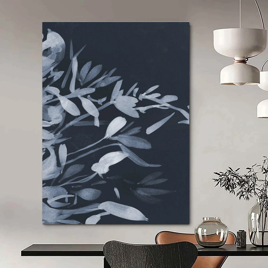 Elegant Monochromatic Floral Silhouette Painting for Sophisticated Spaces HENG239