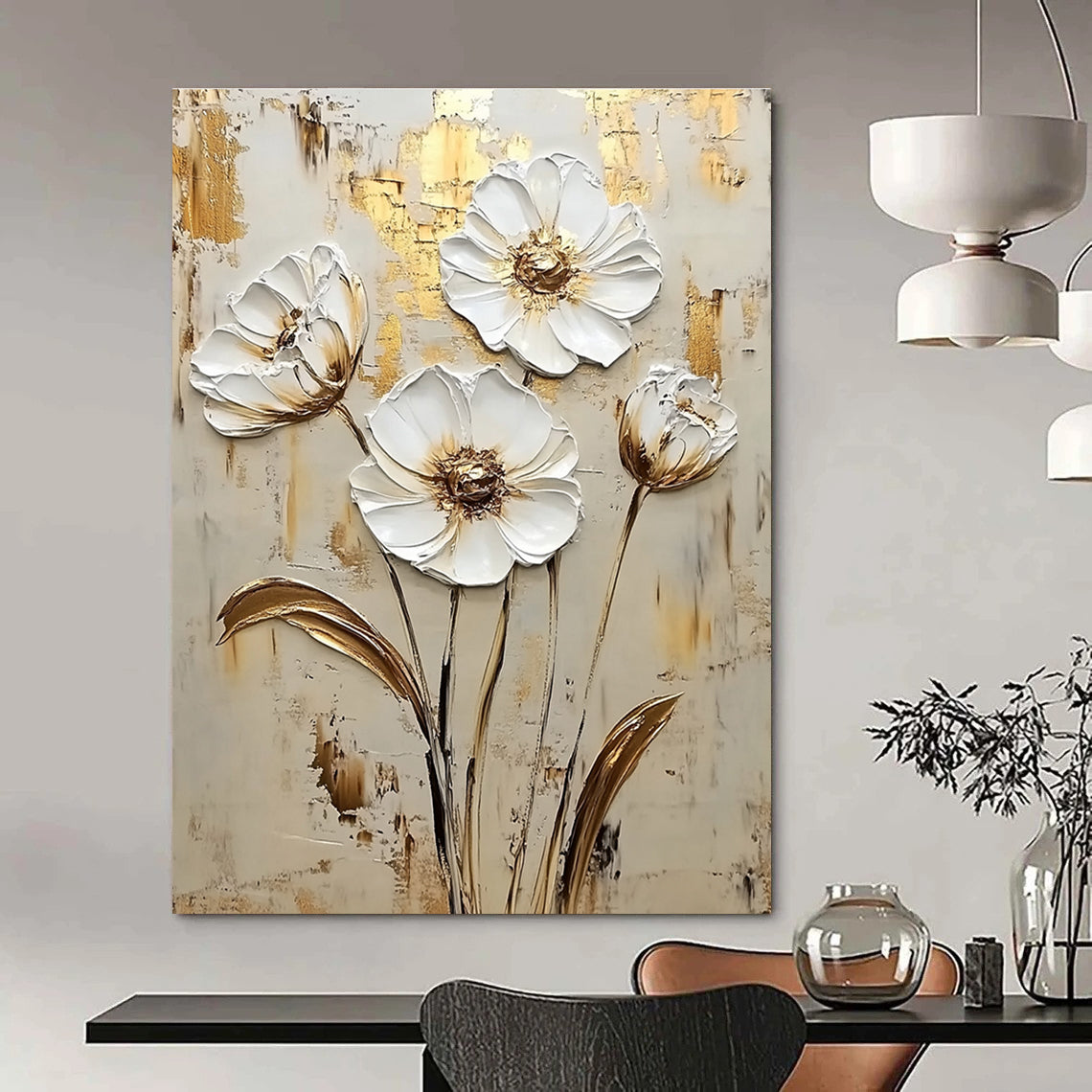 Gold and White Flowers Abstract Painting for Romantic - Themed Weddings GAB0998