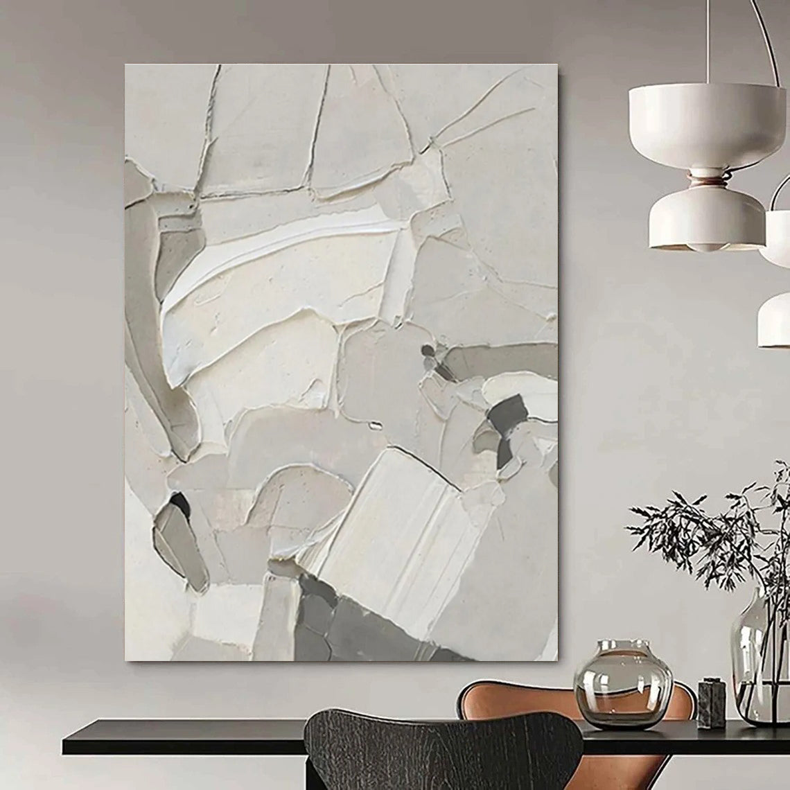 White Textured Abstract Composition Painting for Contemporary Art Galleries HENG509