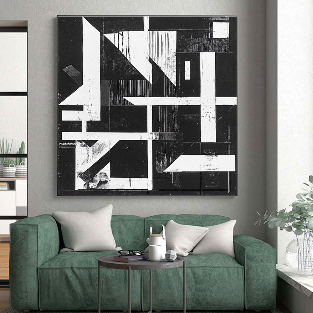 Geometric Black and White Abstract Painting with Structural Intrigue WINK145