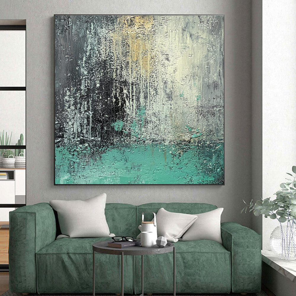 Gray and Teal Dripping Abstract Painting with Dynamic Fluidity WINK287