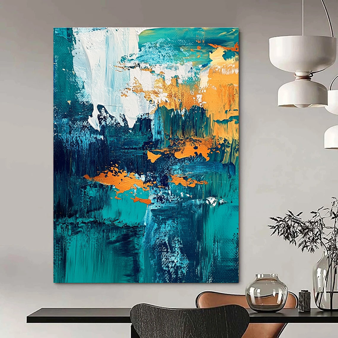 Teal and Gold Abstract Composition Painting for Coastal - Inspired Residences GAB1168