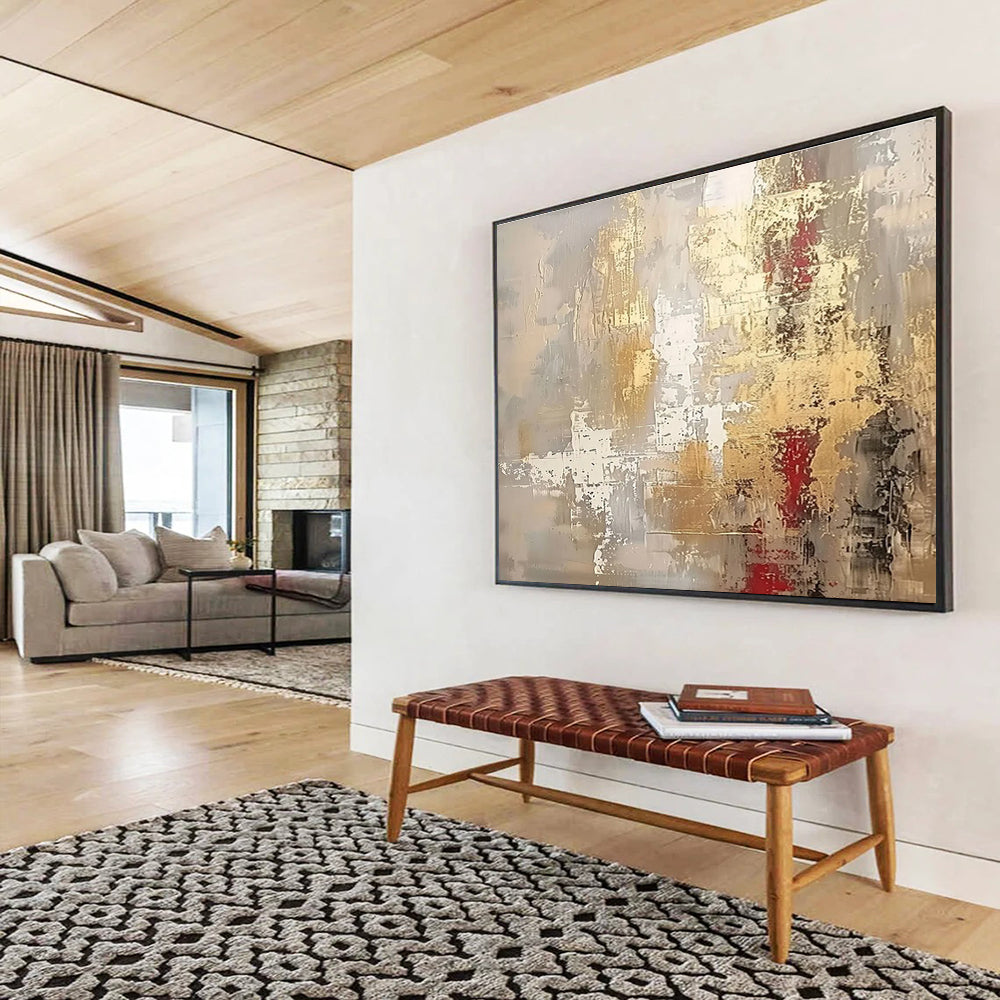 Gold - Red Abstract Textured Painting for Luxe Interiors YHT044