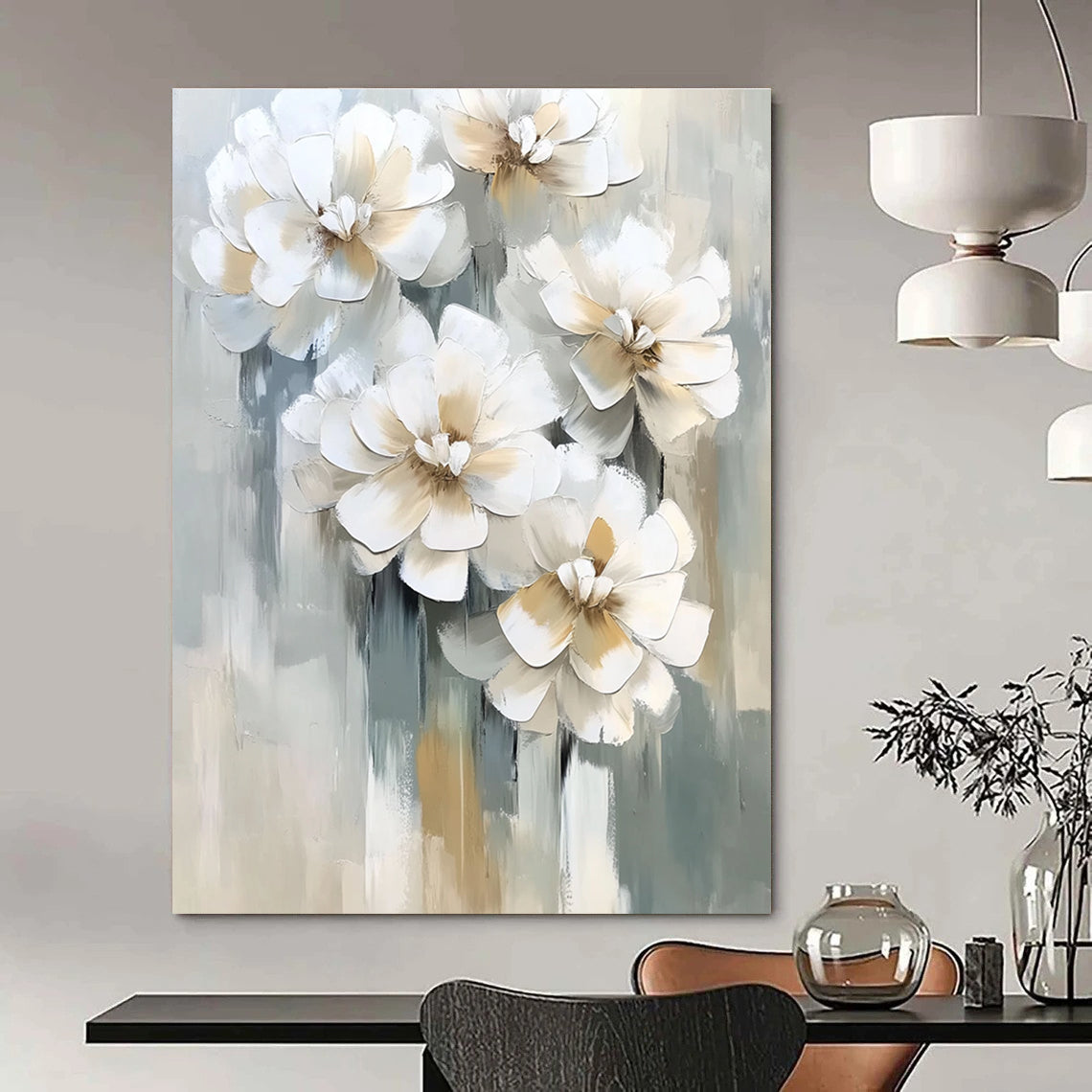 3D White Flowers Contemporary Abstract Painting for Elegant Spaces GAB1523