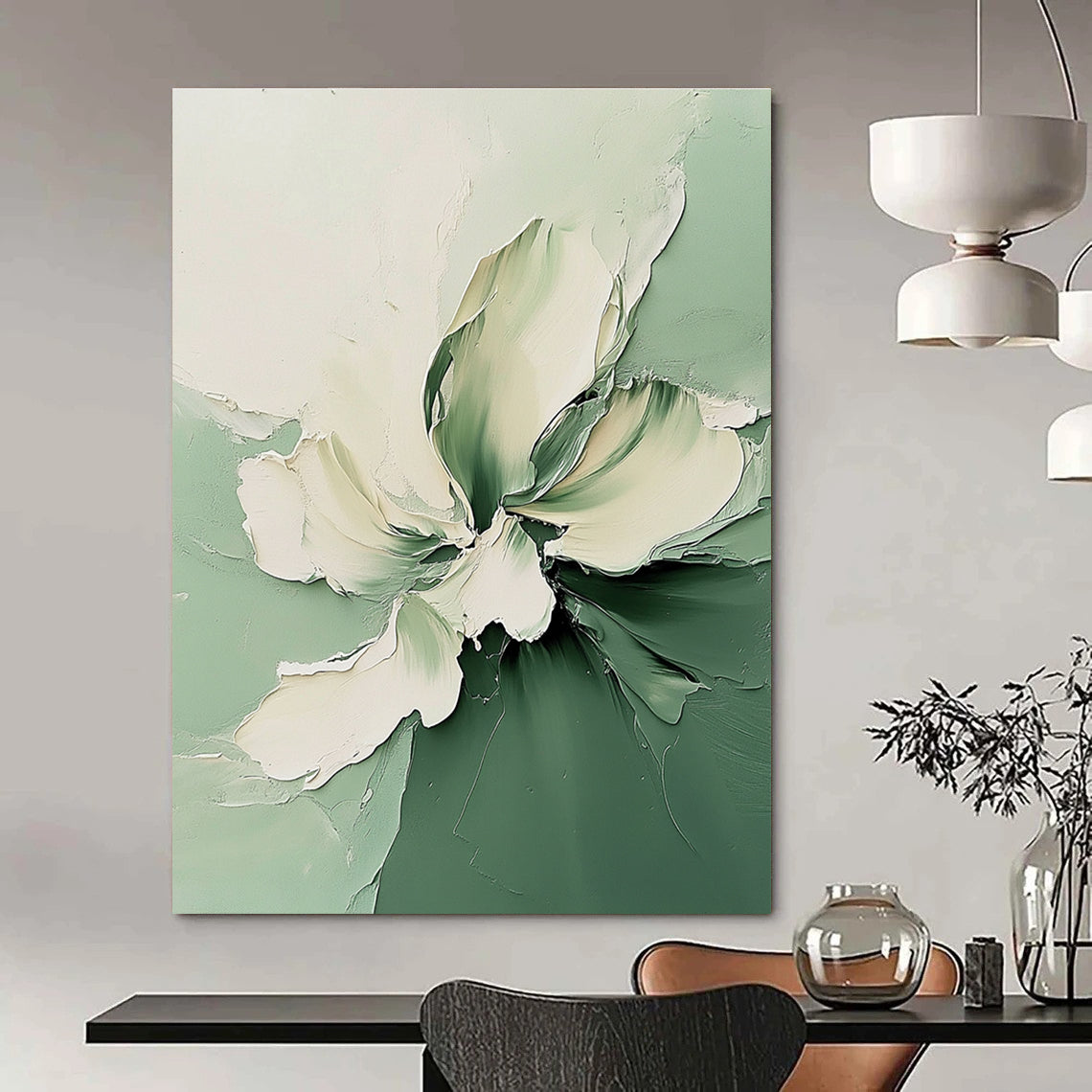 Green and White Flower Abstract Painting for Fresh Interiors GAB0709