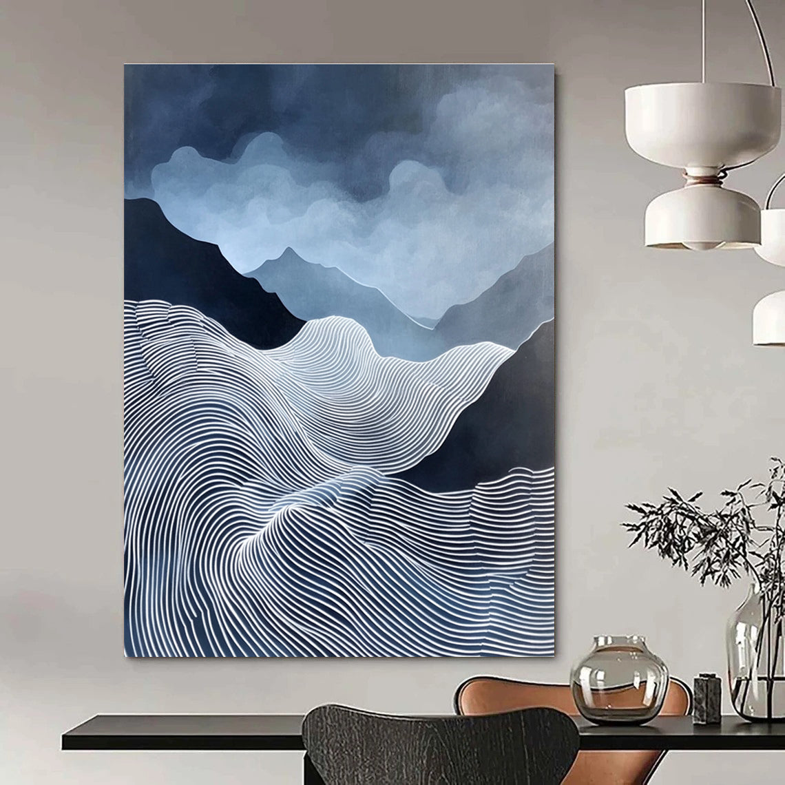 Blue and White Mountain Waves Serene Landscape Abstract Painting GAB0299