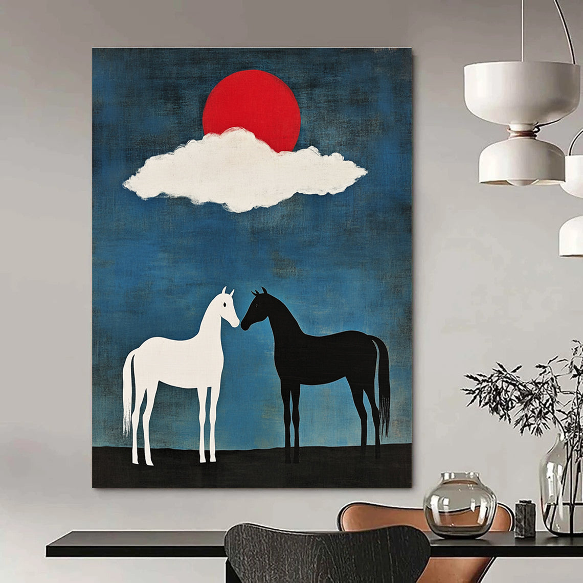 Symbolic Black and White Horses Under Red Sun Abstract Painting GAB0035