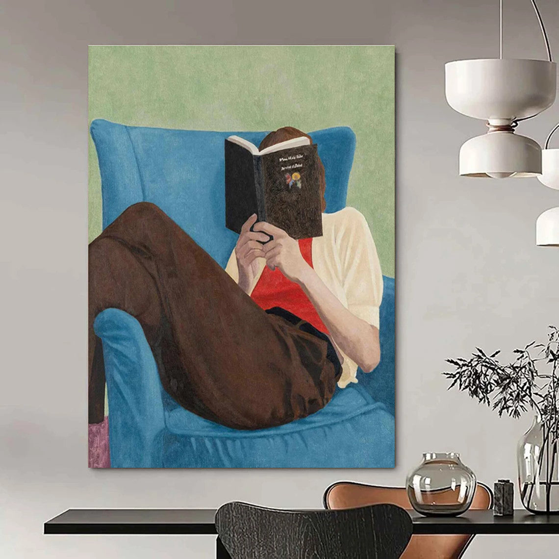 Reader in Blue Chair Figurative Painting for Cozy Reading Nooks HENG303