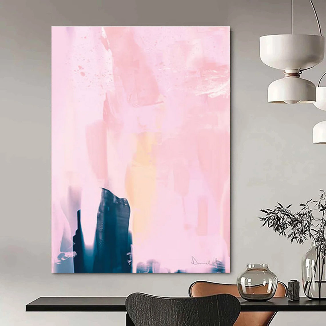 Soft Pink Abstract with Dark Shapes Painting for Feminine - Styled Boudoirs HENG180