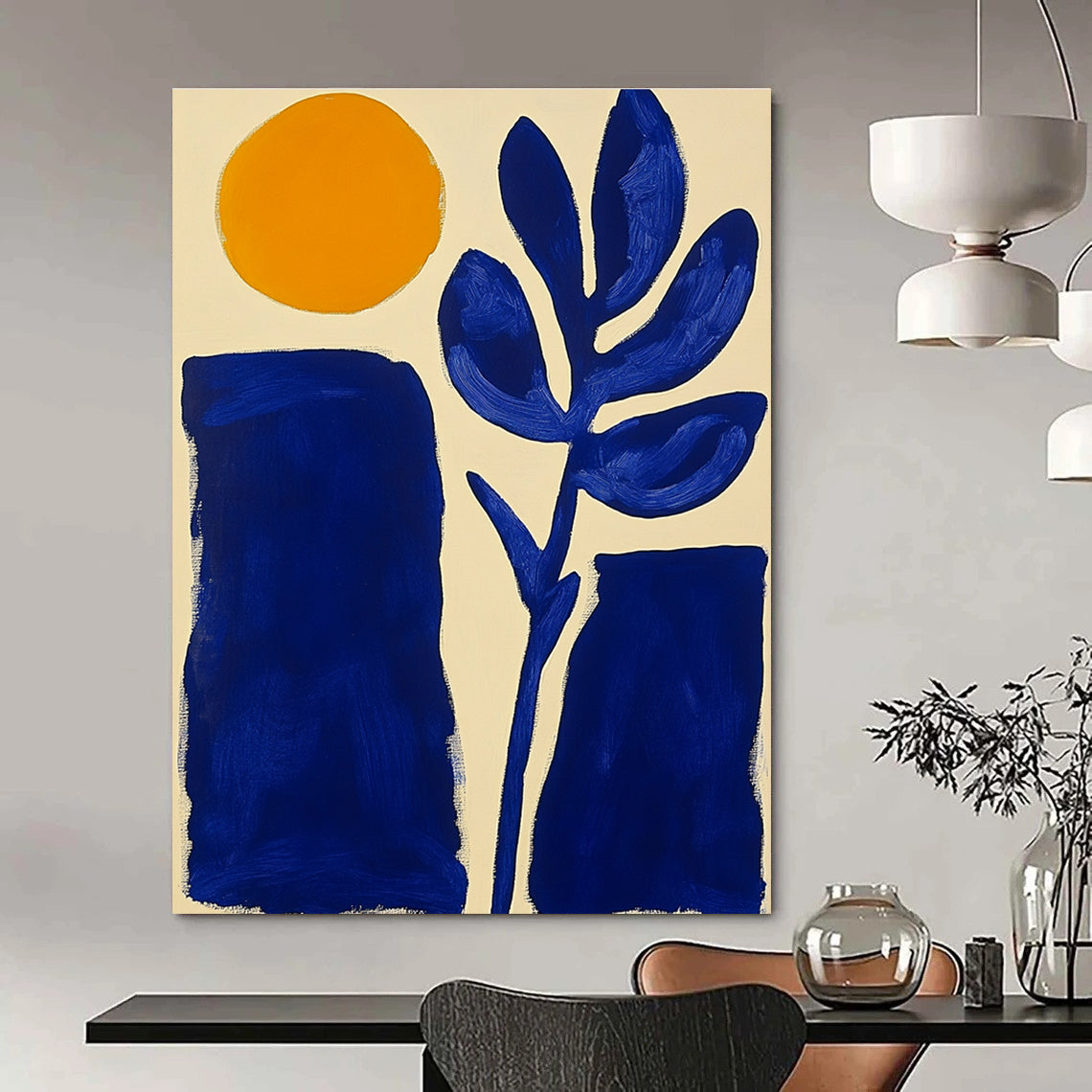Sun and Plant Shapes Abstract Painting for Minimalist Home Offices GAB1354