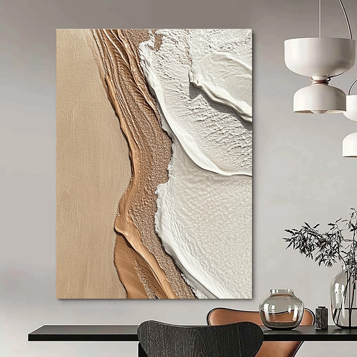 Beige and White Textured Shore Abstract Painting with Coastal Vibes GAB0067