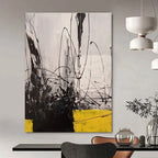 Dynamic Black and White with Yellow Abstract Painting for Creative Studio Meeting Rooms HENG053